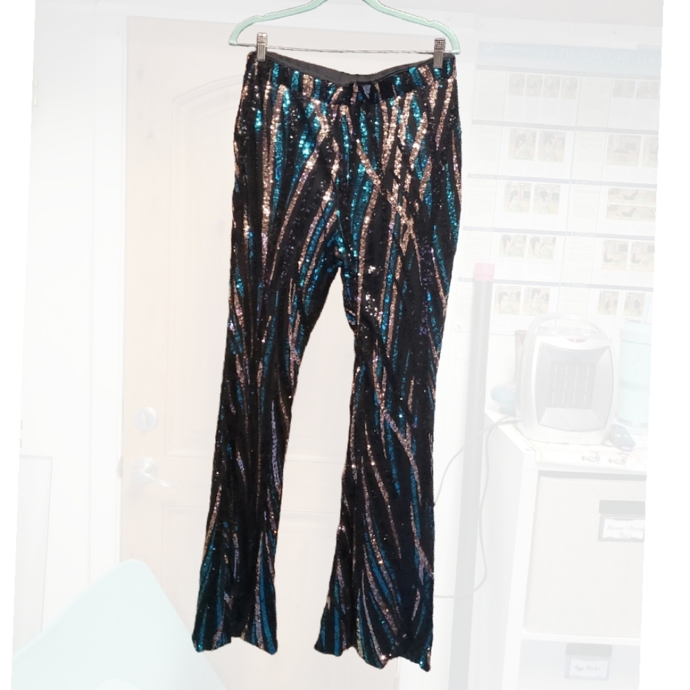 Black, jade, and gold striped sequin flared pants. So GORG! XL msmts in pics